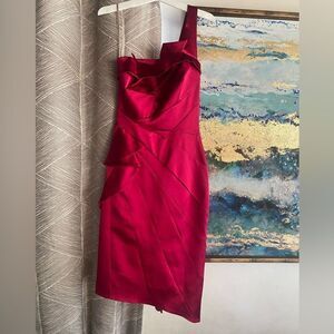 KAREN MILLEN England Pink  Satin One Shoulder Pleat Structure Pencil Dress Sz 4